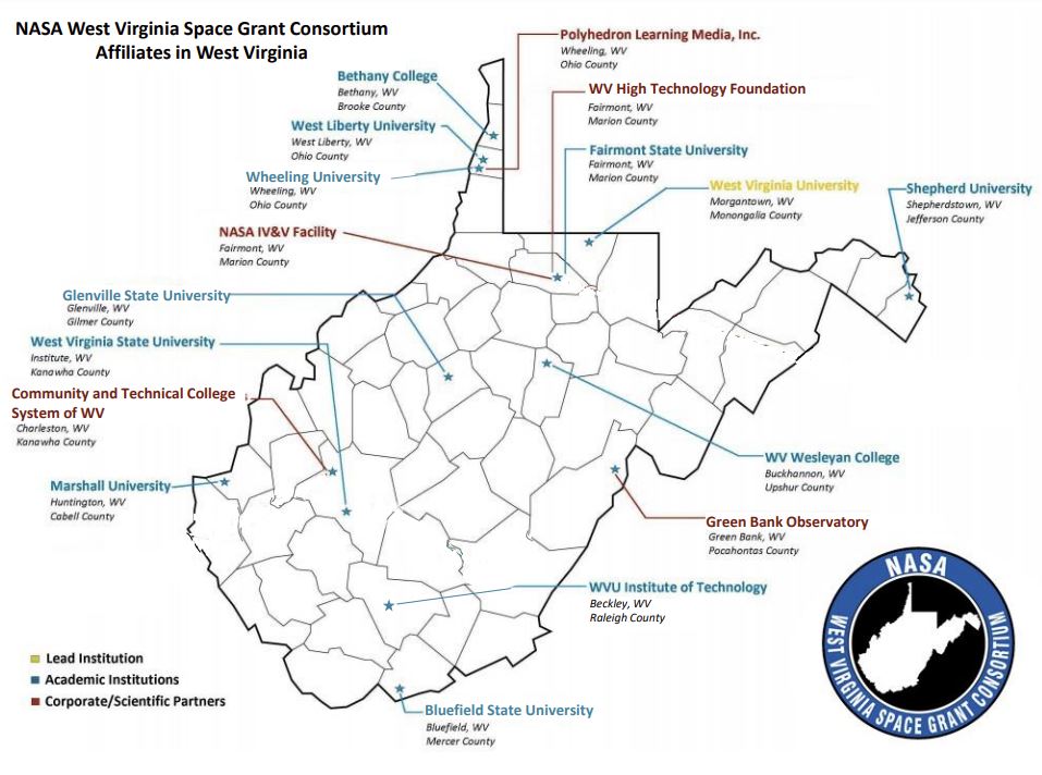 NASA West Virginia Space Grant Consortium Affiliate Map 2022
