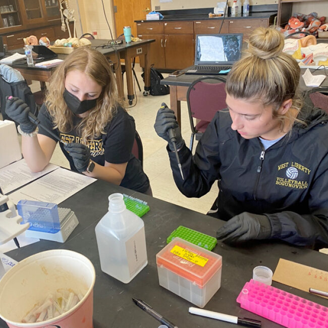 Students; two students experimenting with science; two students in a science lab