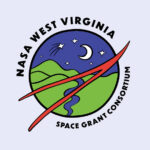 NASA West Virginia Space Grant Consortium logo with light blue background; Circle logo with a crescent moon and stars on the top and hills and a river on the bottom half with a red line that splits in two and NASA West Virginia Space Grant Consortium written around it