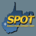 SPOT Science Public Outreach Team logo with grey blue background; Yellow SPOT Science Public Outreach Team over a blue state and a plus sign