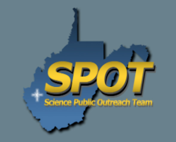 SPOT Science Public Outreach Team logo with grey blue background; Yellow SPOT Science Public Outreach Team over a blue state and a plus sign