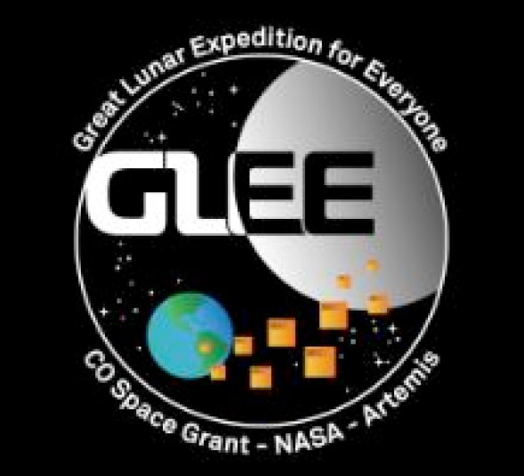 Great Lunar Expedition for Everyone CO Space Grant-NASA-Artemis logo GLEE logo; logo of a circle with earth and another planet inside with stars and orange and yellow squares with GLEE written inside and Great Lunar Expedition for Everyone CO Space Grant-NASA- Artemis written on the outside with a black background